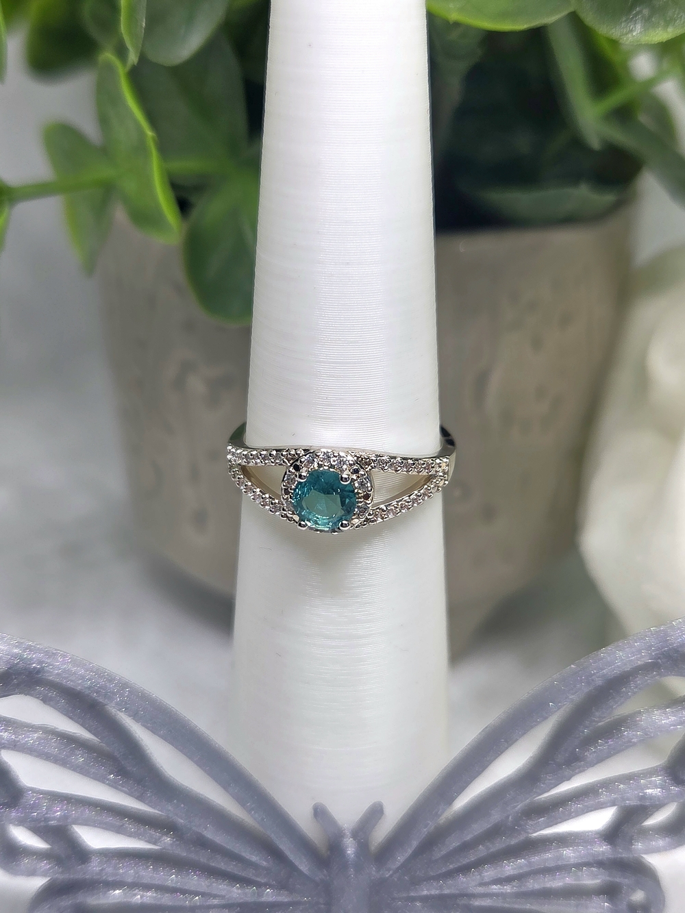 BP Green Tourmaline Halo Ring On Rhodium Plating